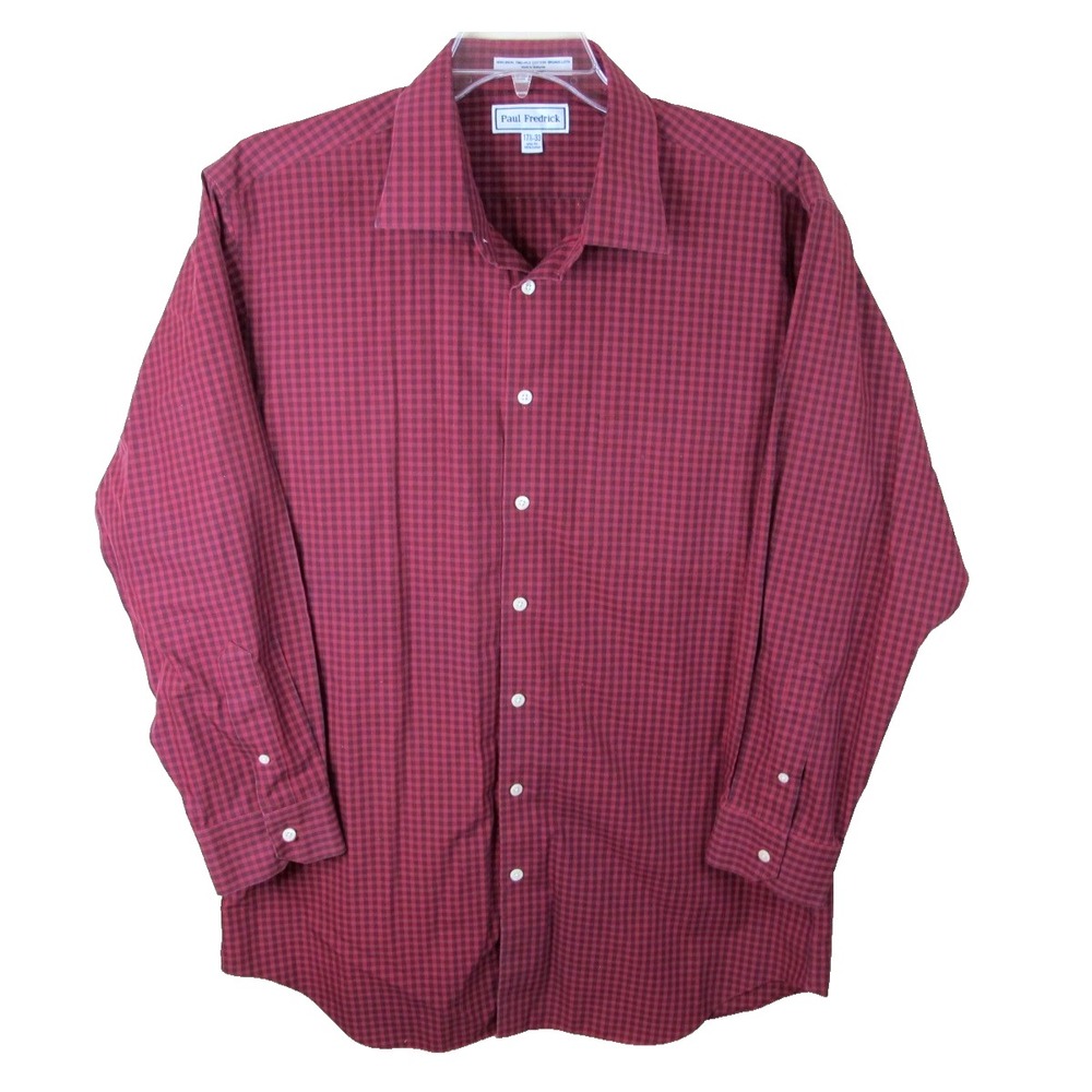 Paul Fredrick Slim Fit Cotton Dress Shirt Men's Size 17.5-33 Non-Iron Red Check‎